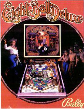 Eight Ball Deluxe (Bally, 1981) — manufacturer publicity flyer showing the billiards-themed backglass and cabinet.