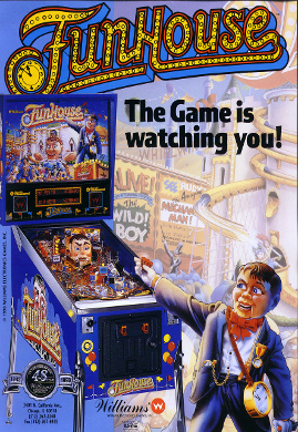 Funhouse (Williams, 1990) — manufacturer publicity flyer showing the cabinet and Rudy the ventriloquist dummy mascot.